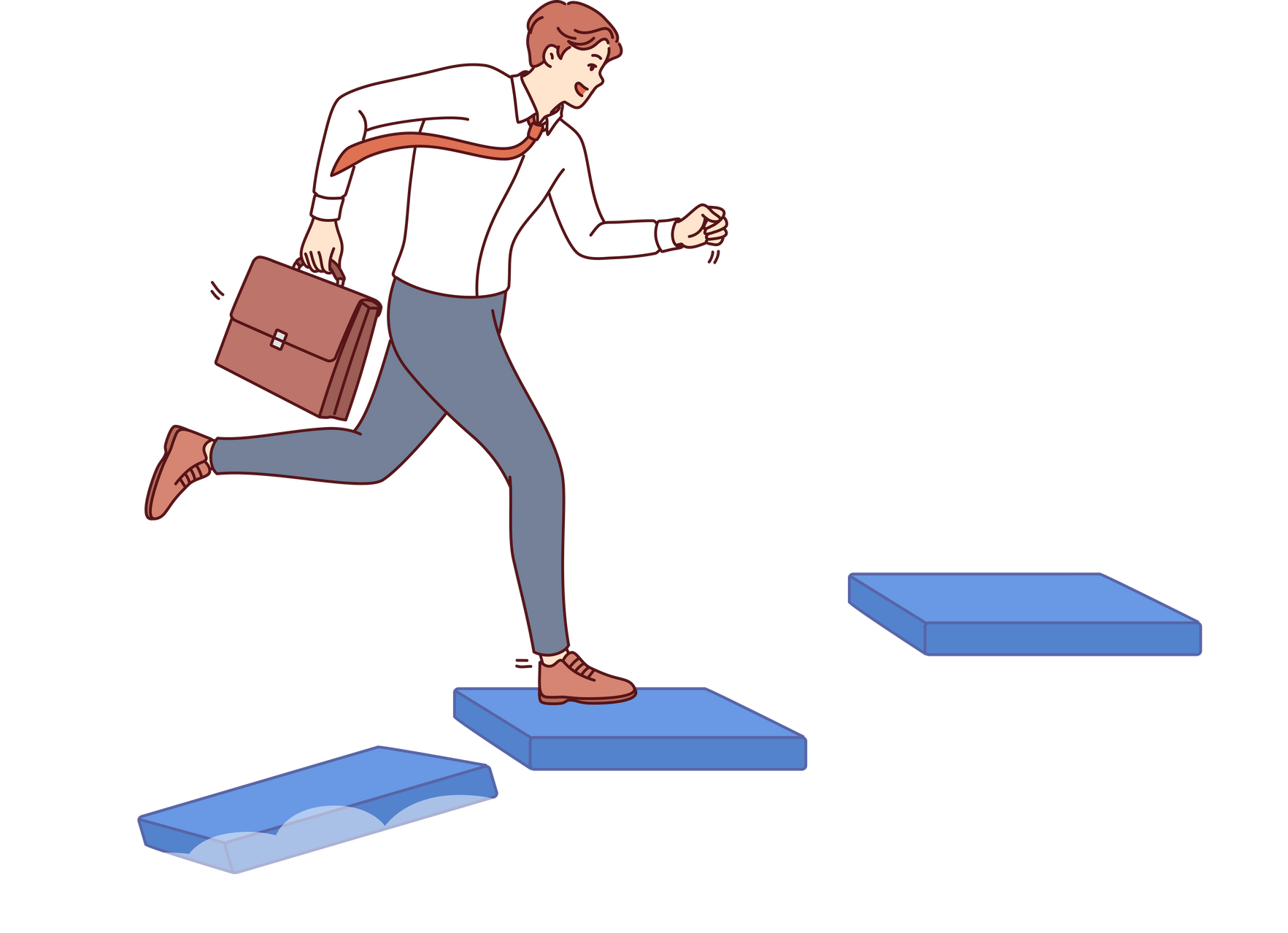 Business man running up career ladder in sky, aiming to achieve success and become boss of corporation. Hasty businessman on career ladder uses ambition to get closer to goal in professional growth