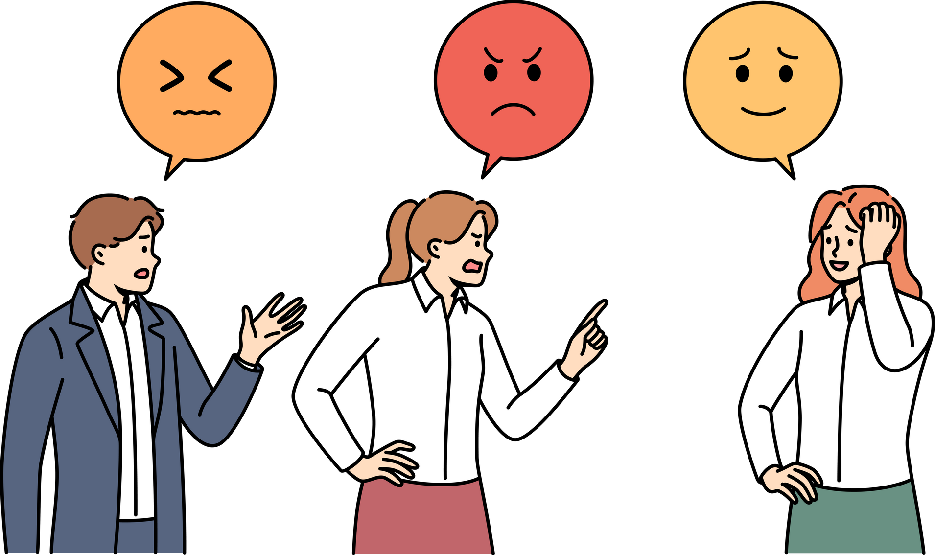 Business conflict between company employees scolding colleague for making mistake. Negative emoji above heads of two managers demonstrating  and  towards subordinate, during conflict