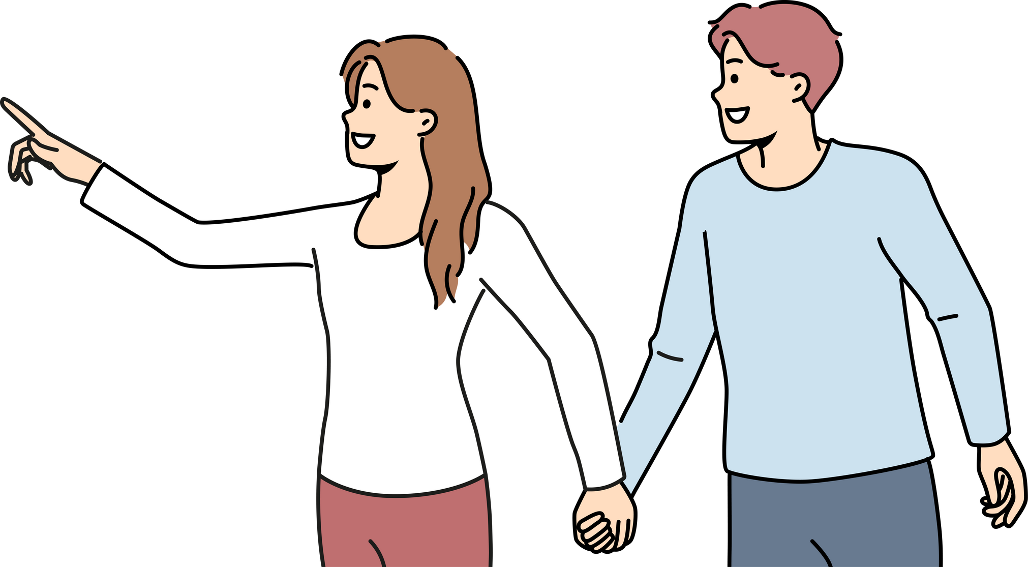Smiling woman holding man by hand pointing forward