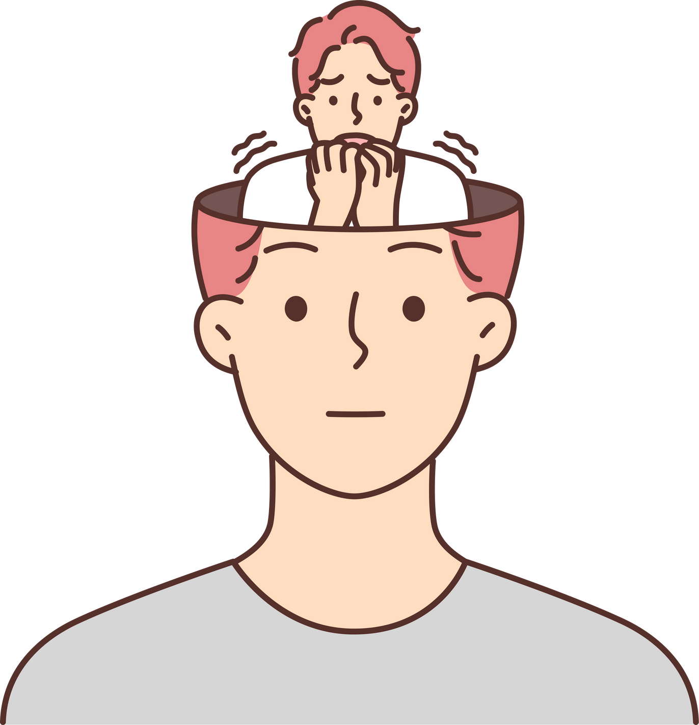Frightened human sits in head of calm man hiding fear and emotions from others