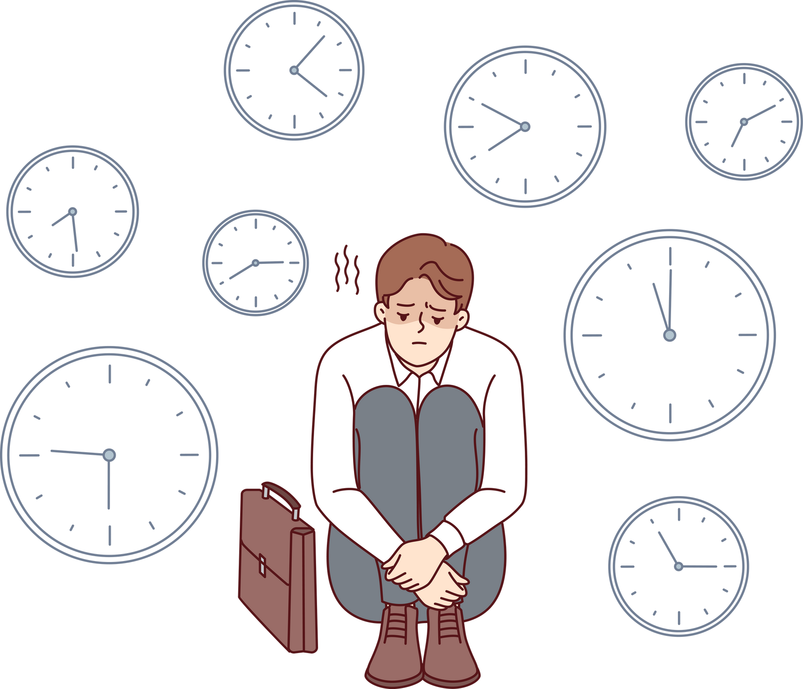 Business man is sad because of lack of time and problems with missing deadlines causing troubles at work. Guy sits among crowds and suffers from depression after new task with unfair deadlines